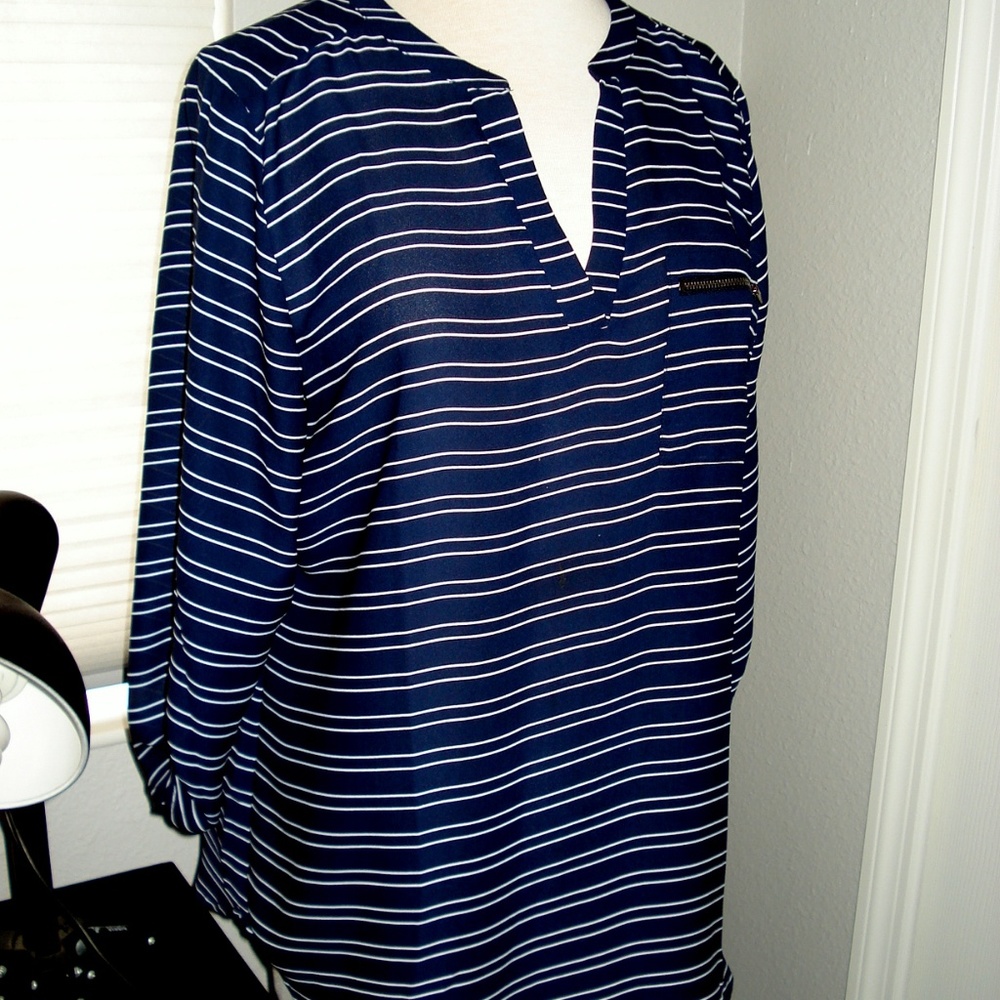Navy Striped Tunic Blouse Size Large Tab Sleeves